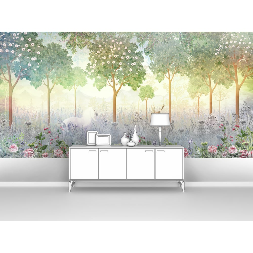 Изображение товара Фотообои лес в тумане Белая лошадь олень 400x200 см флизелин винил