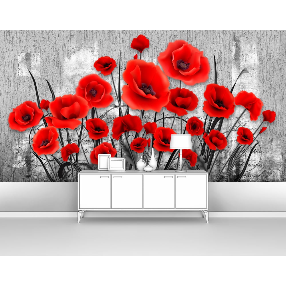 Изображение товара Фотообои цветы лофт Яркие маки на сером фоне, 300x160 см, винил