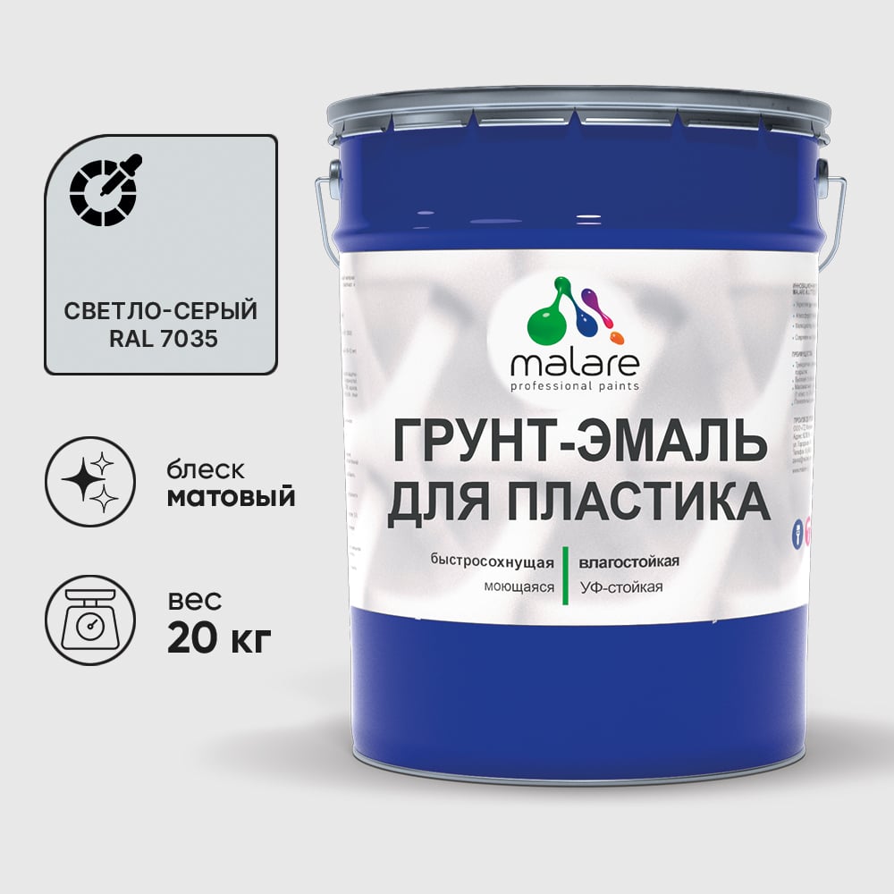 Грунт-Эмаль MALARE для пластика, окон и подоконников, сайдинга, матовый, светло-серый, 20 кг ГЭПЛСТ7035М2000