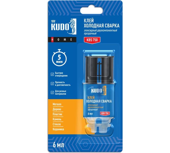 Изображение товара Клей эпоксидный "Холодная сварка 2К", KUDO двухкомпонентный, прозрачный, 6 мл KBS-750