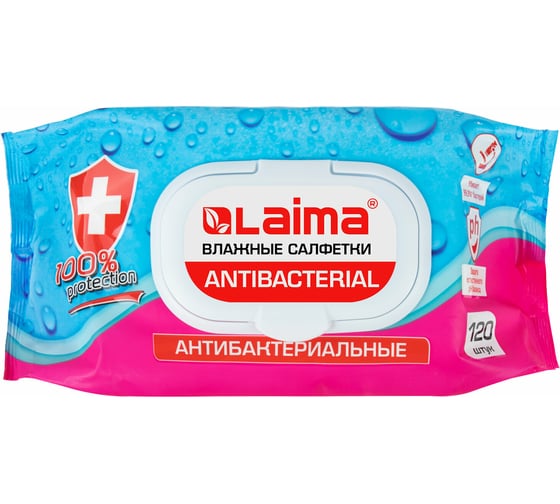 Изображение товара Влажные салфетки LAIMA Antibacterial, антибактериальные 120 шт., крышка-клапан 112497
