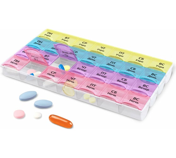 Изображение товара Таблетница-контейнер для лекарств и витаминов DASWERK 7 дней/4 приема, прозрачный 630845