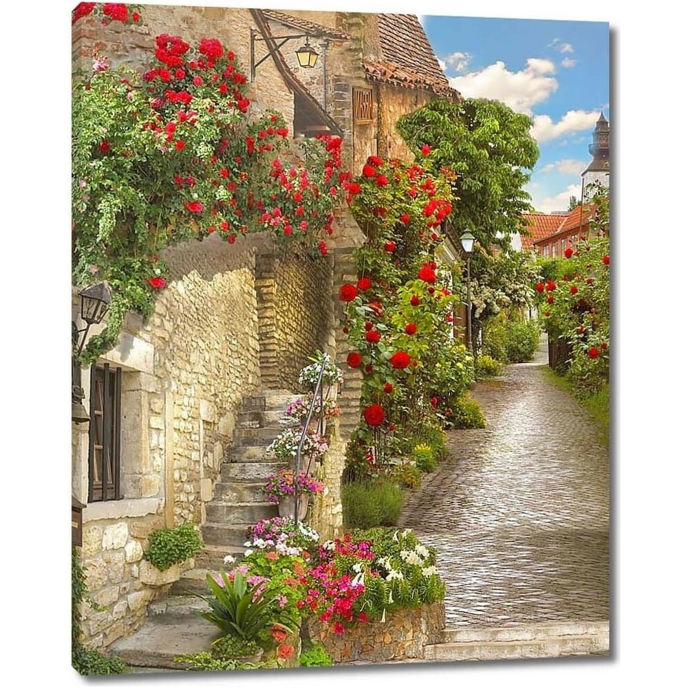 Изображение товара Картина на холсте "Яркие цветы на узкой улочке", Размер 79x100 см, Реализм, Архитектура