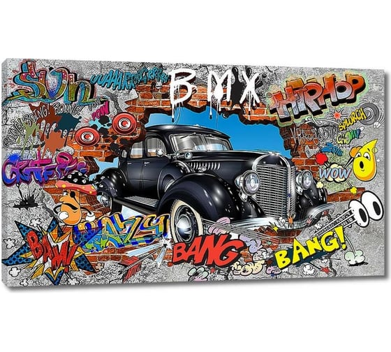 Изображение товара Картина Первое ателье "Ретро авто вырывается из кирпичной стены с граффити" 115x69 ШxВ ps94951-5