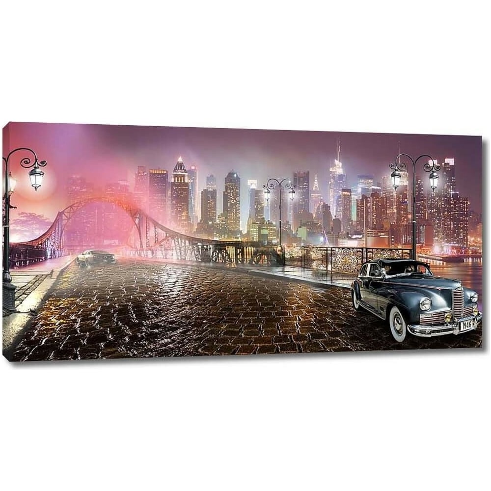 Изображение товара Картина на холсте Первое ателье Ретро автомобиль на фоне ночного города 115x58 см