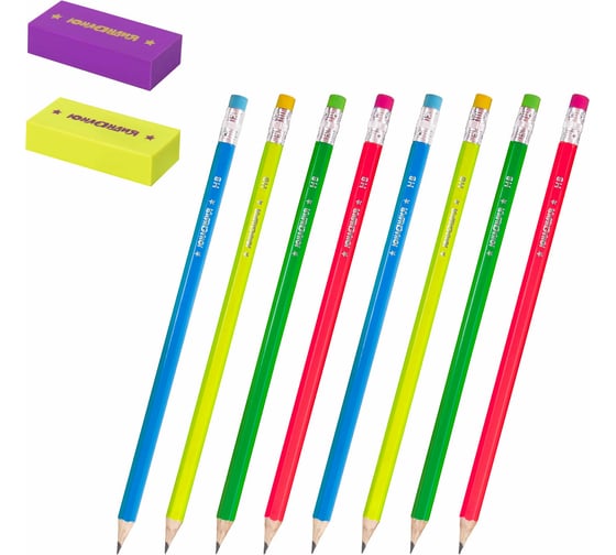 Изображение товара Набор ЮНЛАНДИЯ Неончики 8 карандашей, чернографитных HB + 2 ластика, блистер 181783