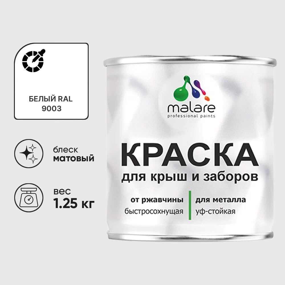 Изображение товара Краска для металлических заборов MALARE, матовая белая 1,25 кг, быстросохнущая и влагостойкая