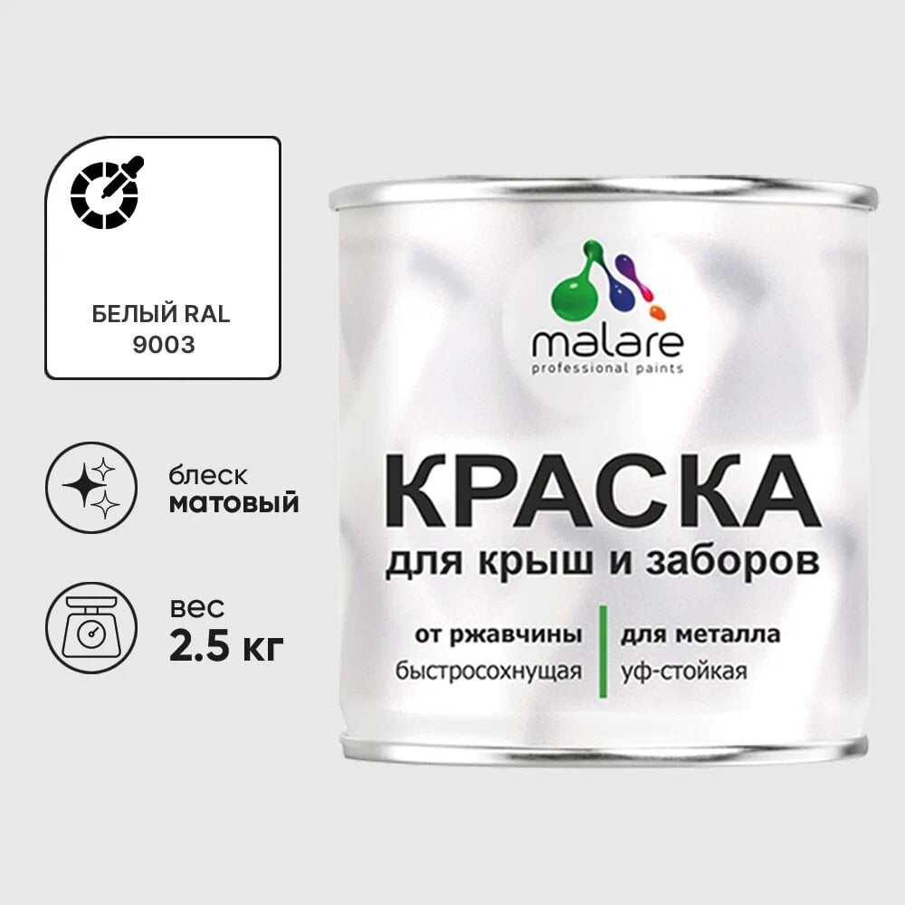 Изображение товара МАЛАРЕ Краска по металлу для заборов матовая белая 2,5 кг