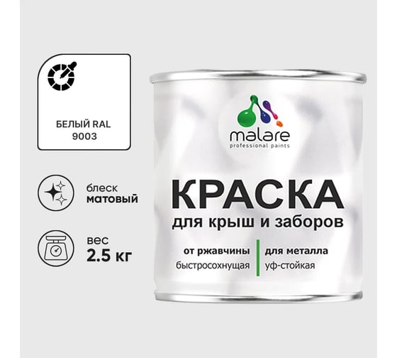 Изображение товара Краска по металлу MALARE для крыш и заборов, по ржавчине, быстросохнущая, износостойкая, матовый, белый, 2,5 кг 2013932948003