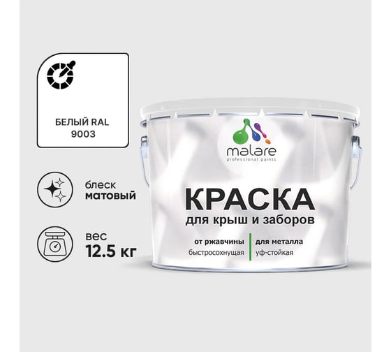 Изображение товара Краска по металлу MALARE для крыш и заборов, по ржавчине, быстросохнущая, износостойкая, матовая, белый, 12,5 кг КМЗ9003М1250