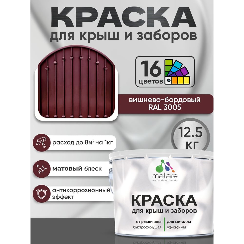 Изображение товара Краска по металлу MALARE для крыш и заборов, по ржавчине, быстросохнущая, износостойкая, матовая, вишнево-бордовый, 12,5 кг КМЗ3005М1250