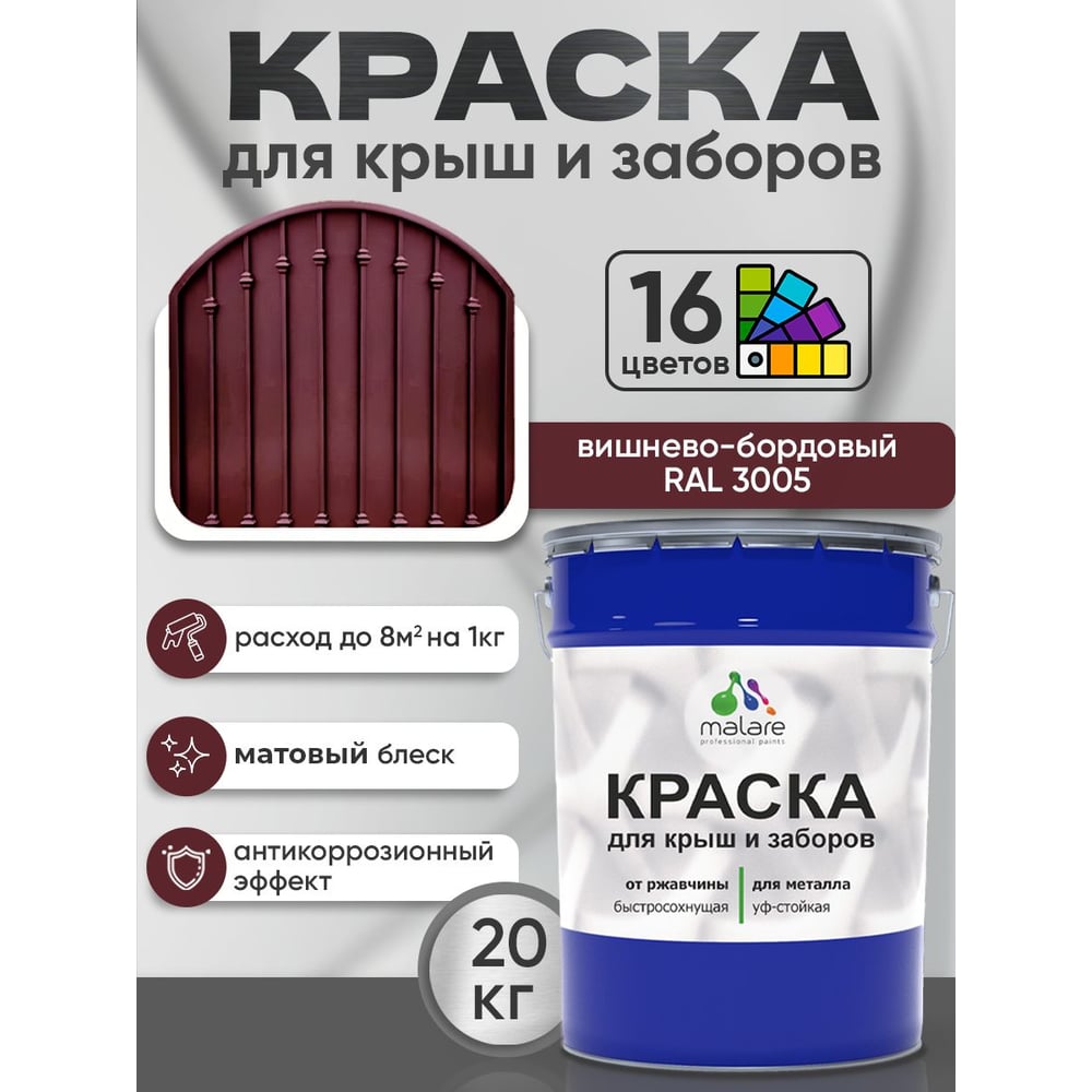 Изображение товара Краска по металлу MALARE для крыш и заборов, по ржавчине, быстросохнущая, износостойкая, матовая, вишнево-бордовый, 20 кг КМЗ3005М2000
