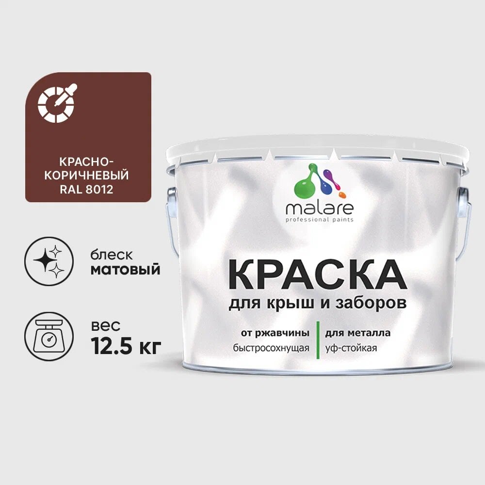 Изображение товара Масляная краска по металлу MALARE для крыш и заборов 12,5 кг быстросохнущая износостойкая