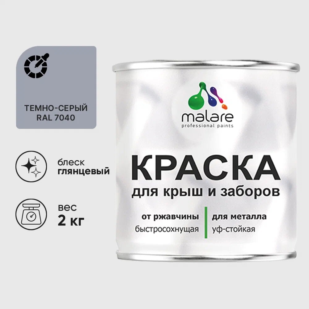 Изображение товара Малярная краска MALARE для металлических заборов глянцевая 2 кг темно-серый