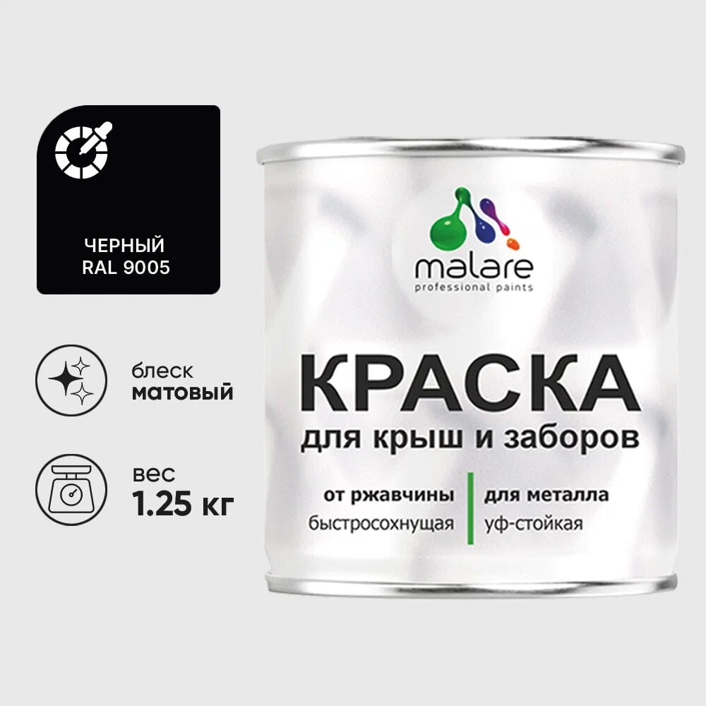 Изображение товара Краска MALARE для металлических заборов, матовая черная, 1,25 кг