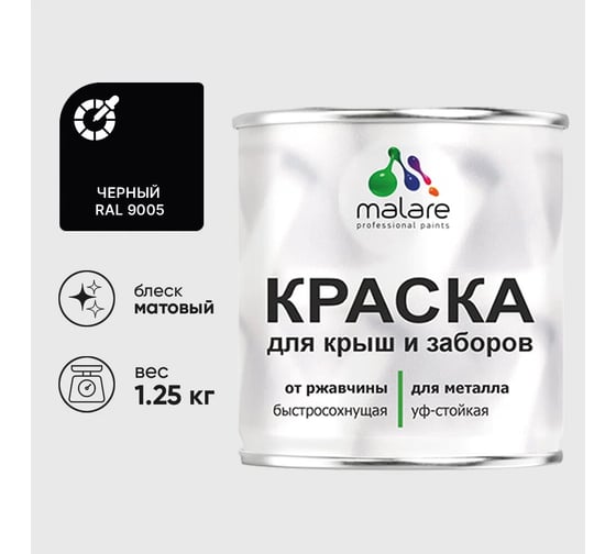 Изображение товара Краска по металлу MALARE для крыш и заборов, по ржавчине, быстросохнущая, износостойкая, матовый, черный, 1,25 кг 2013884109002