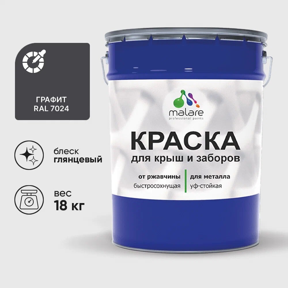 Изображение товара Краска MALARE для металлических заборов глянцевая графитово-серая 18 кг