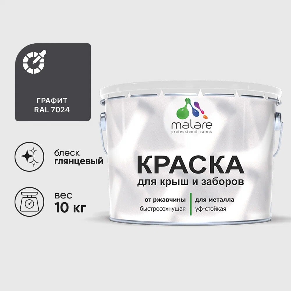 Изображение товара Краска MALARE для металлических заборов глянцевая графитово-серая 10 кг