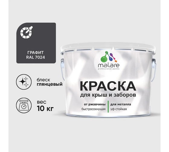Изображение товара Краска по металлу MALARE для крыш и заборов, по ржавчине, быстросохнущая, износостойкая, глянцевый, графитово-серый(темный), 10 кг , 2014080942004