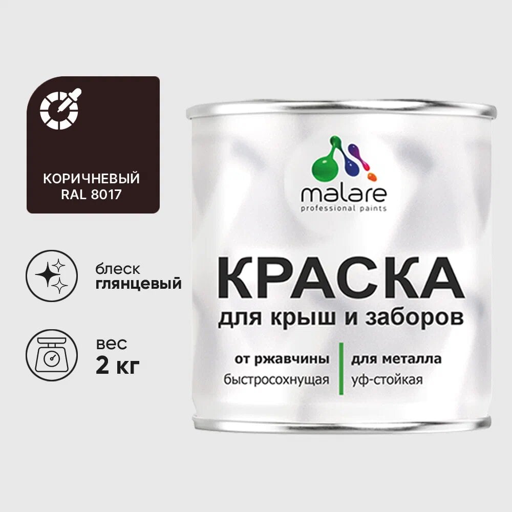 Изображение товара Краска по металлу MALARE для крыш заборов быстросохнущая износостойкая глянцевая коричневая 2 кг