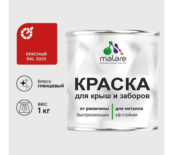 Изображение товара Краска по металлу MALARE для крыш и заборов, по ржавчине, быстросохнущая, износостойкая, глянцевая, красный, 1 кг КМЗ3020Г0100