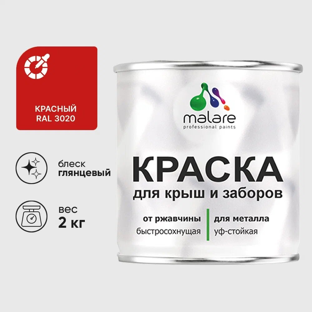 Изображение товара Краска MALARE для металлических заборов, глянцевая, красная, 2 кг