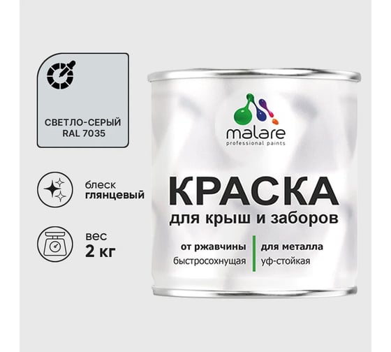 Изображение товара Краска по металлу MALARE для крыш и заборов, по ржавчине, быстросохнущая, износостойкая, глянцевый, светло-серый, 2 кг , 2014080520004