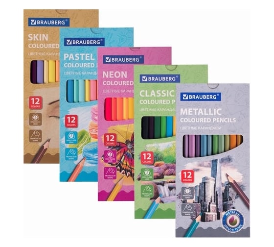 Изображение товара Цветные карандаши BRAUBERG 60 цветов, базовые, металлик, неон, пастель, телесные 181792