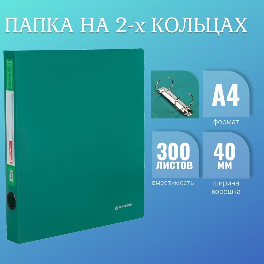 Папка BRAUBERG Стандарт на 2 кольцах, 40 мм, зеленая, до 300 листов, 0.9 мм 270481