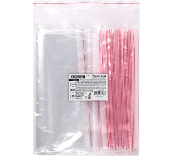 Изображение товара Пакеты BRAUBERG EXTRA ZIP LOCK зиплок, прочный, комплект 100 шт, 18x25 cм, ПВД, 60 мкм 608173