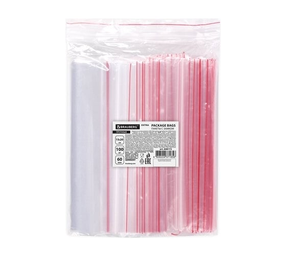 Изображение товара Пакеты BRAUBERG EXTRA ZIP LOCK зиплок, прочные, комплект 100 шт, 15x20 cм, ПВД, 60 мкм 608172