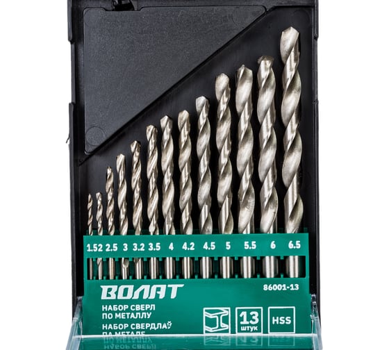 Изображение товара Набор сверл по металлу 13 шт, 1.5-6.5 мм, HSS ВОЛАТ 86001-13