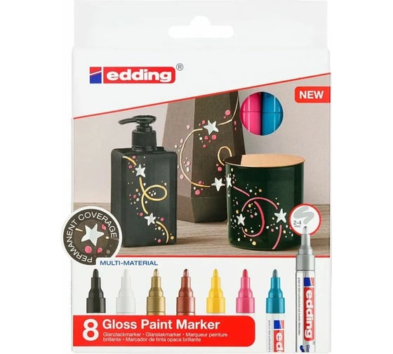 Изображение товара Набор лаковых глянцевых маркеров EDDING 750, круглый наконечник, 2-4 мм, 8 штук E-750#8S