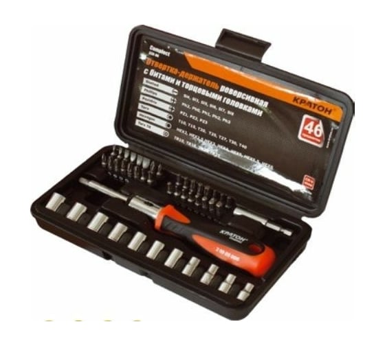 Изображение товара Реверсивная отвертка-держатель с битами и торцевыми головками Кратон Complect SSK-06, 46 пр. в кейсе 2 09 05 006