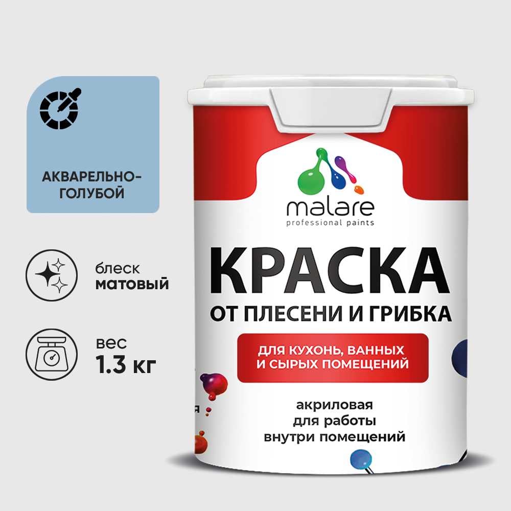 Изображение товара Краска MALARE от плесени и грибка, акварельно-голубой, 1.3 кг КБСПТАКГМ0130