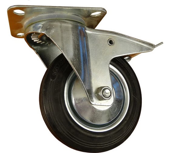 Изображение товара Колесо 200 мм, на площадке, поворотное, с тормозом, черная резина Скобяной 002672