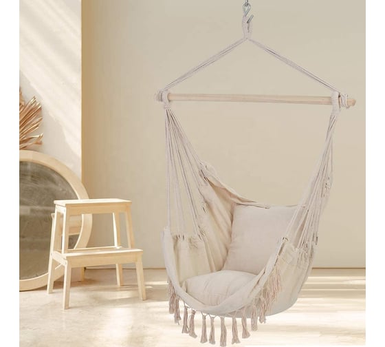 Изображение товара Качели-гамак ZDK Homium с 2-мя подушками, белый, с кисточками, белые подушки, белые нити hammock3