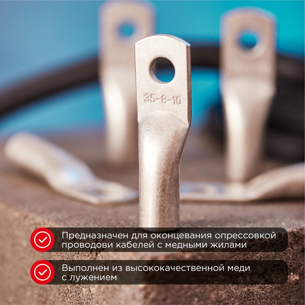 Изображение товара Медный луженый наконечник REXANT ТМЛ-Р 35–10 (35мм2 - d10мм), 100 шт. 07-5317-6