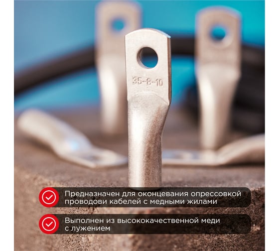 Изображение товара Медный луженый наконечник REXANT ТМЛ-Р 35–10 (35мм2 - d10мм), 100 шт. 07-5317-6