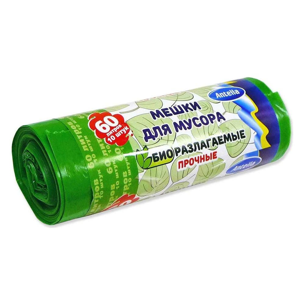 Изображение товара Мешки для мусора ПРОЧНЫЕ 60 л био-LDPE 10 шт зеленый ANTELLA 25310