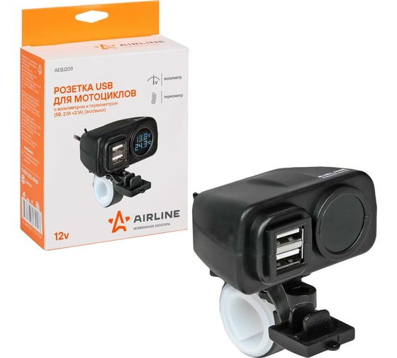 Изображение товара USB-розетка для мотоциклов с вольтметром и термометром Airline AEBJ209