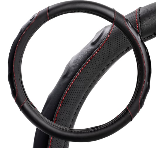 Изображение товара Оплетка на руль Airline искусственная кожа, рельефная, черная, красная прошивка, 38 см/М AWS-LI-22M