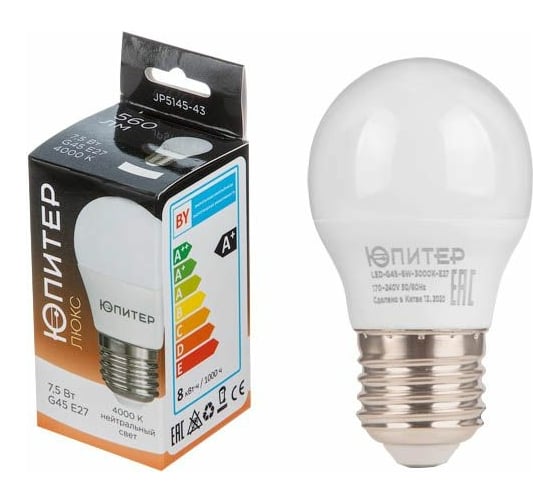 Изображение товара Светодиодная лампа ЮПИТЕР E27 Люкс G45 7,5 Вт 4000К JP5145-43