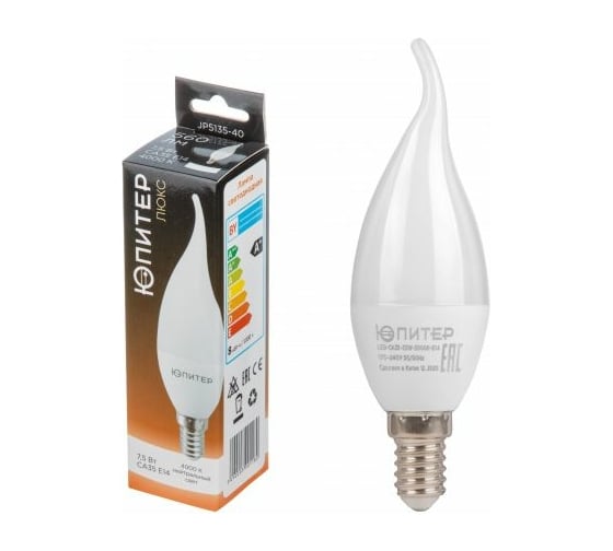 Изображение товара Светодиодная лампа ЮПИТЕР E14 Люкс CА35 7,5 Вт 4000К JP5135-40