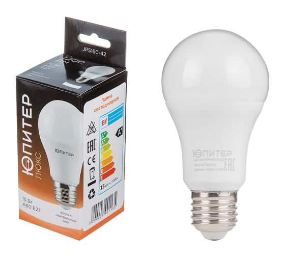 Изображение товара Светодиодная лампа ЮПИТЕР E27 Люкс A60 15 Вт 4000К JP5160-42
