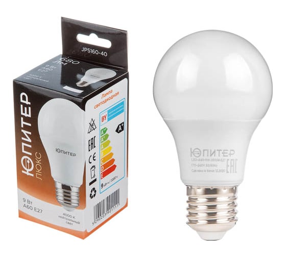 Изображение товара Светодиодная лампа ЮПИТЕР E27 Люкс A60 9 Вт 4000К JP5160-40