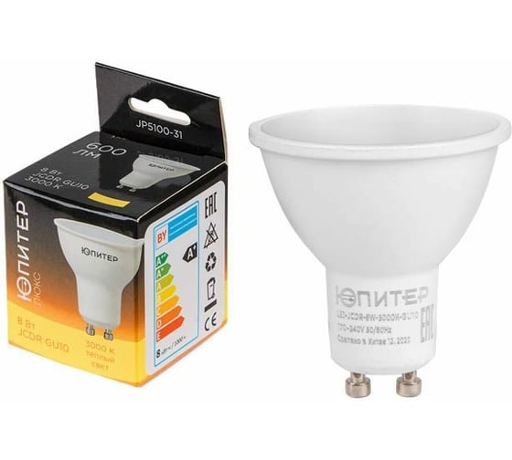 Изображение товара Светодиодная лампа ЮПИТЕР GU10 ЛЮКС 8 Вт JCDR 3000К JP5100-31