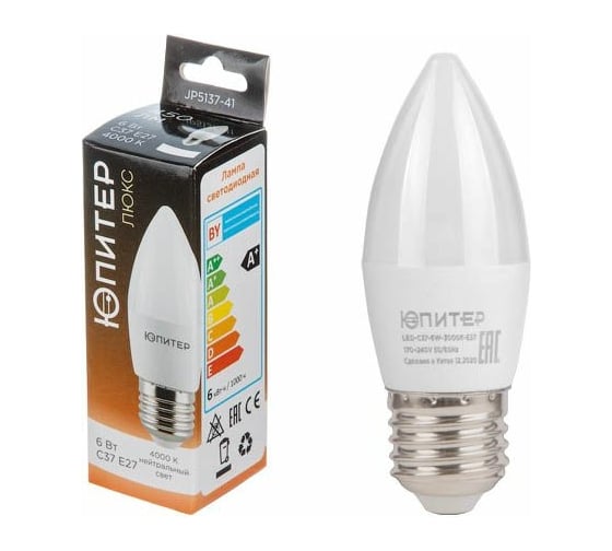 Изображение товара Светодиодная лампа ЮПИТЕР E27 Люкс C37 6 Вт 4000К JP5137-41
