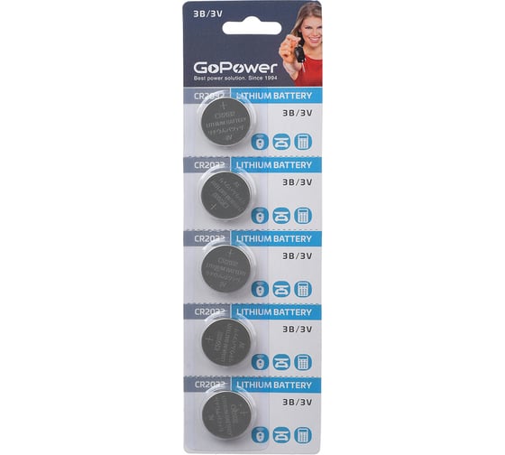 Изображение товара Батарейка GoPower CR2032 BL5 Lithium 3V (5/100/2000) 00-00015603