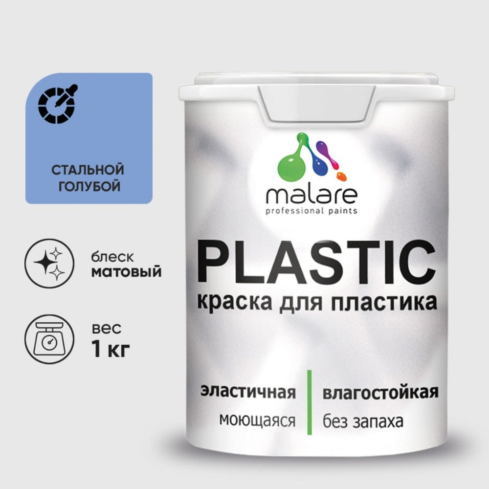 Изображение товара Акриловая краска MALARE для пластика Plastic для ПВХ, для подоконников и откосов, без запаха, матовая, стальной голубой 1 кг КПЛСТАСТГМ0100